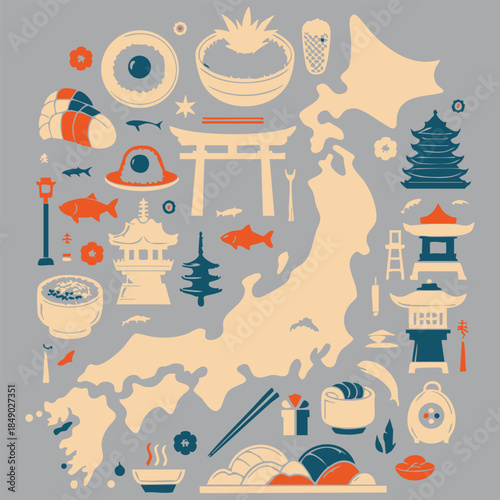 Travel to Japan set, culture elements and landmarks, food in round infographic banner. Map and flag of country, Maneki Neko lucky cat and sakura, tea ceremony and sushi cartoon vector illustration