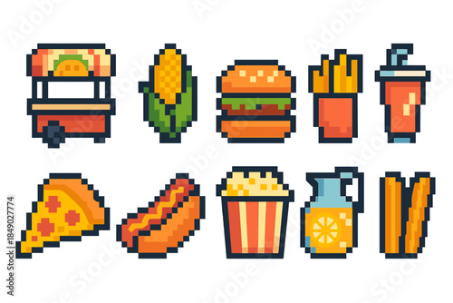 Food and drink icon set. Fast food, snacks and beverage icons in pixel art style