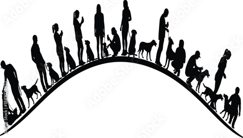 People walking dogs silhouette illustration showing pet owners and dogs together on curved path black and white vector design