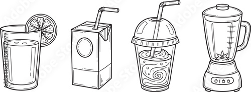 Fresh Fruit Juice and Healthy Smoothie Beverage Illustration Set Featuring Glass Carton Plastic Cup and Electric Blender for Kitchen and Nutrition Design