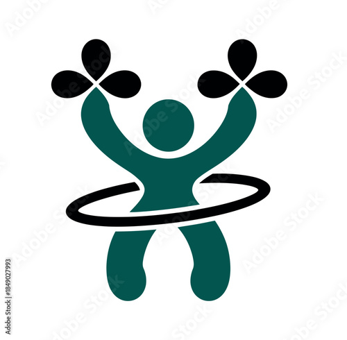 Person Juggling Flowers with Hula Hoop in Playful Green and Black Silhouette