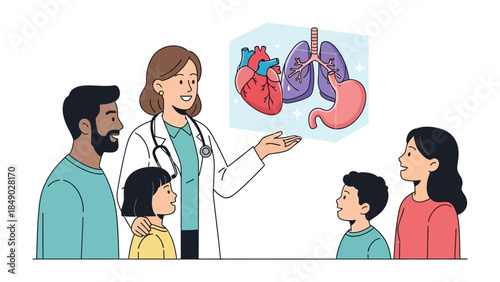 Doctor's Health Explanation: A compassionate doctor in a white coat explains human health to a diverse family, pointing at a representation of organs, fostering understanding and well-being.