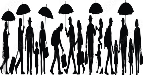 People silhouettes walking with umbrellas illustrating rainy day commuters, urban lifestyle, crowd movement, family, travel, and daily city life concept