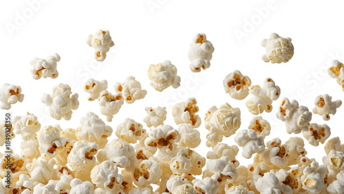 Fluffy white popcorn kernels flying up isolated on a transparent background