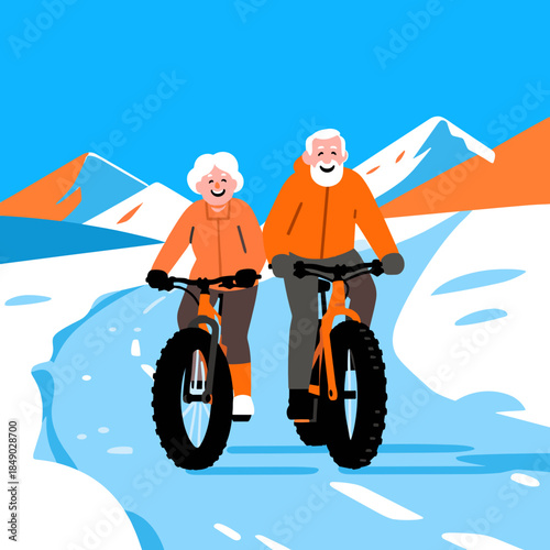 Happy senior couple illustration riding fat bikes for Well-being and Active Aging Fitness and Wellness against a snowy mountain winter background