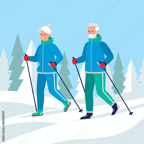 Active elderly couple illustration engaging in Nordic walking for Well-being and Active Aging Fitness and Wellness against a snowy winter forest background