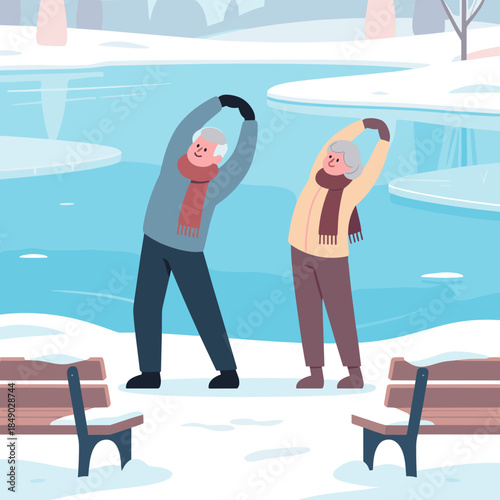 Senior man and woman illustration stretching outdoors for Well-being and Active Aging Fitness and Wellness against a frozen lake winter background
