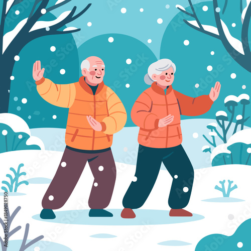 Happy elderly couple illustration practicing tai chi for Well-being and Active Aging Fitness and Wellness against a snowy winter park background