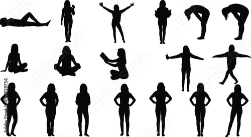 Female yoga and fitness silhouettes collection showing stretching, meditation, balance poses, wellness, flexibility, exercise, and healthy lifestyle concepts