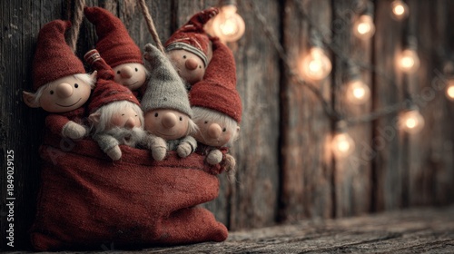 Tiny Christmas elves peeking from a red stocking with glowing fairy lights and rustic wooden backdrop
