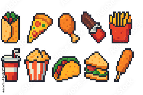 Pixel art icon set of fast food favorites. Burgers, pizza, fries, and more.