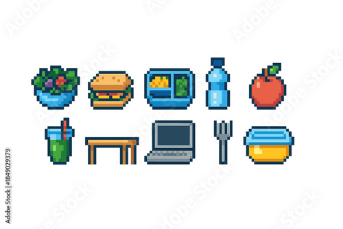 Pixel art food and drink icon set. Retro-style meal, beverage, lunch icons.