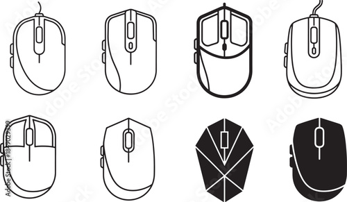 Computer Mouse Peripheral Device Icon Set for Gaming Technology PC Hardware and Office Productivity Tools Featuring Various Linear and Solid Styles