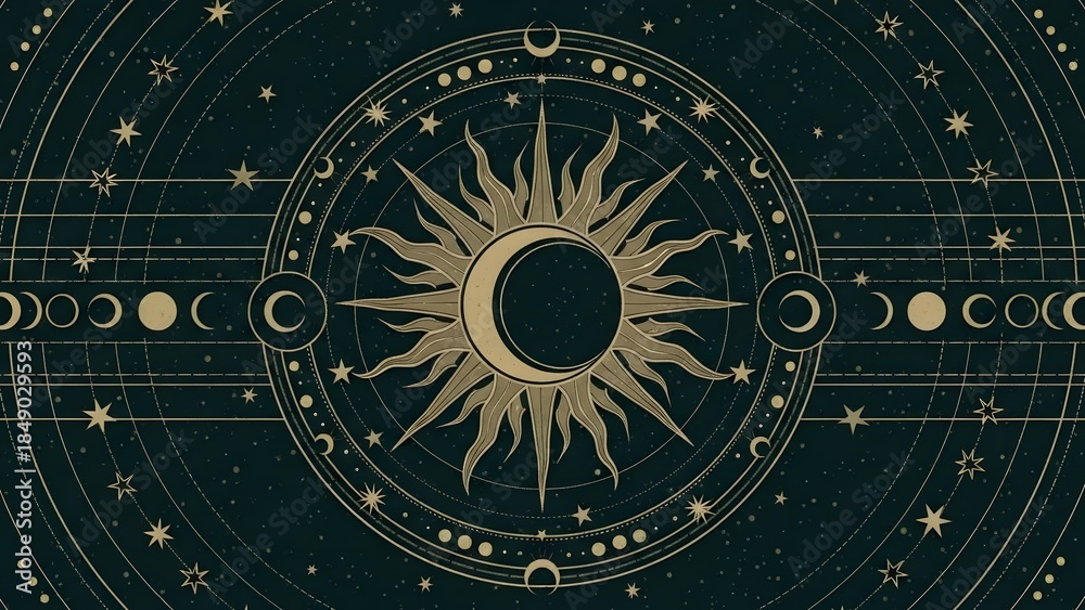 Obraz premium A mystical celestial illustration featuring a sun and moon phases on a dark background with stars and planets