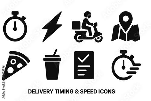 Delivery and speed solid icon set. Fast service, timer, and location symbols collection.