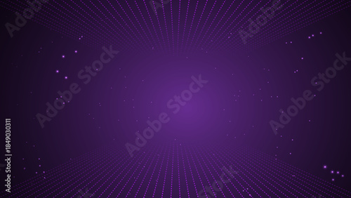A dark purple abstract background with radiating lines and subtle particles, creating a digital tunnel effect.