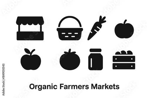 Organic farmers market solid icon set. Vegetables, fruits, baskets, jars collection