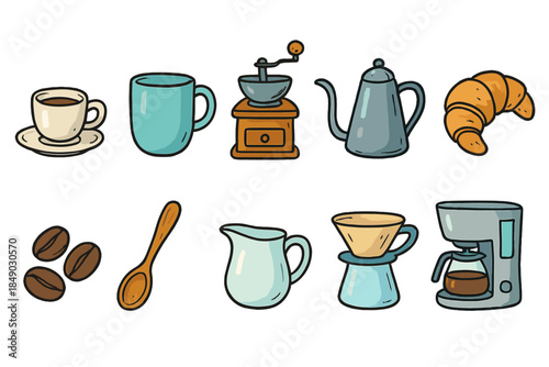 Coffee, beverage and bakery icon set in hand-drawn style for cafes and bakeries