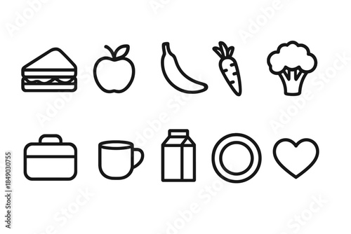 Food and drink outline icon set. Fruits, vegetables, beverages, and snacks icons