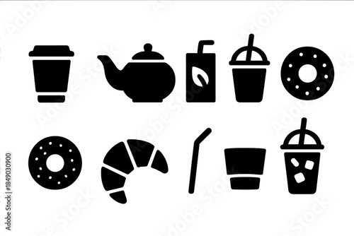 Beverage and snack silhouette icon set. Refreshing, cafe, drink icons silhouette style.