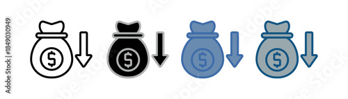 
money lost icon set multiple style collection with money bag and down arrow design