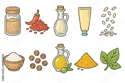 Spices and herbs sketch icon set. Organic seasoning ingredients outline collection