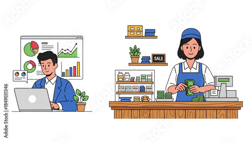 High-quality black outline colorful art of a digital marketer analyzing charts on a screen beside a shopkeeper counting cash at a counter, business and marketing professions, minimalistic illustration