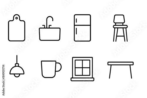 Home essentials outline icon set: kitchen and furniture collection for interior design