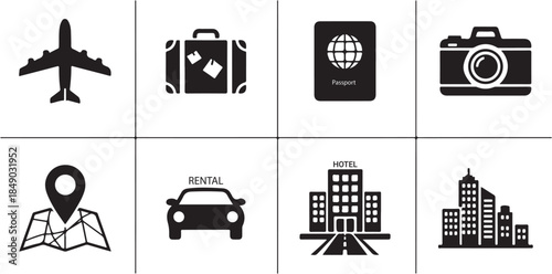 Travel icons set including plane suitcase passport and camera