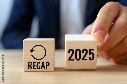 Wooden Blocks with RECAP and 2025 – Professional Hand Holding Year Marker in Business Review and Planning Concept on Tabletop
