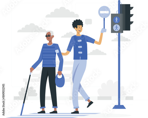 Blind man walking with guide at crosswalk traffic light de