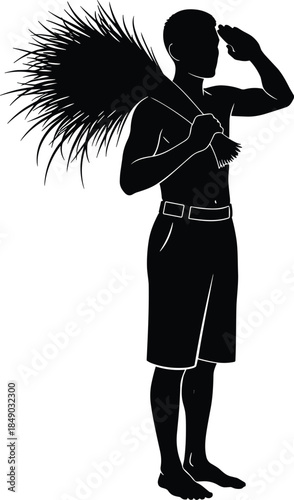 Silhouette of shirtless farmer carrying bundle of rice or wheat on shoulder, wiping sweat, agriculture harvest concept, rural worker vector illustration, manual labor