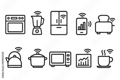 Smart home, kitchen appliance line icon set. Wireless, iot, connectivity outline icons