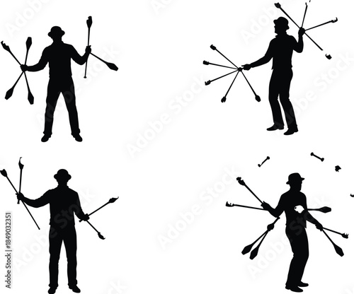 Silhouette of street performer juggling clubs, artistic vector illustration of juggler man with hat, performing circus entertainment act, creative design element, isolated background