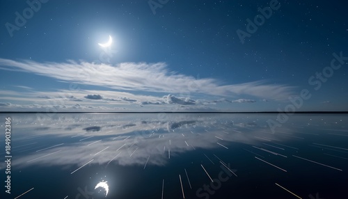 The moon shines brightly in a serene nighttime landscape with calm water reflecting clouds and celestial bodies under a vast sky.