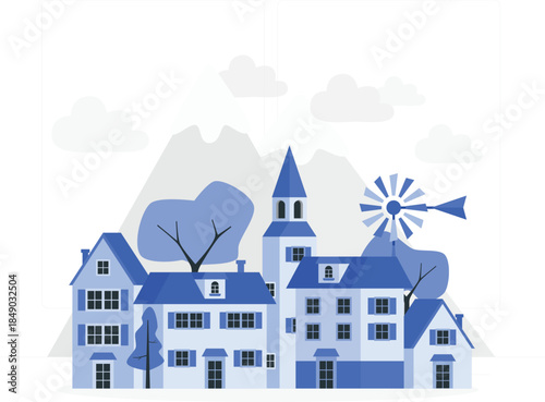 Blue and white of a small town with houses and a windmill