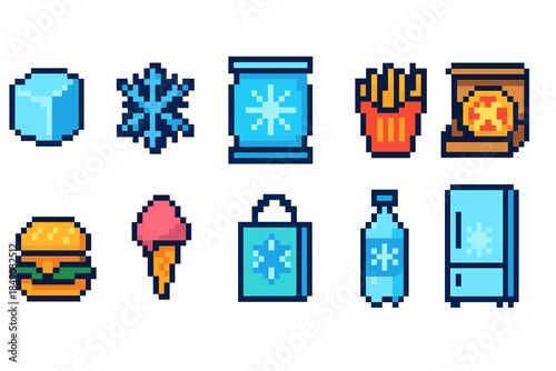 Pixel art food and beverage icon set: retro gaming style in 8-bit pixel design