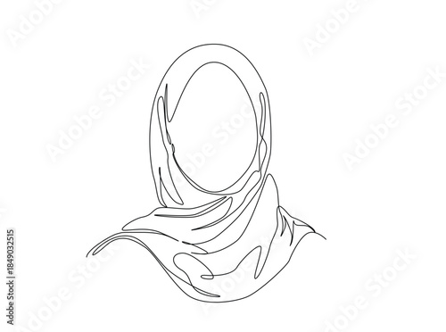 One Line Drawing of Beautiful Woman Wearing Hijab in Profile. young Muslim woman wearing a traditional hijab headscarf line art.
