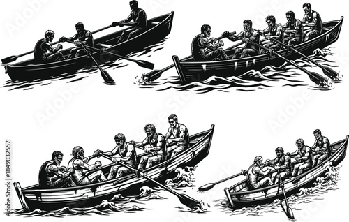 Silhouette rowers in traditional boats, teamwork and coordination, black and white vector illustration, water movement, synchronized rowing action, stock content design