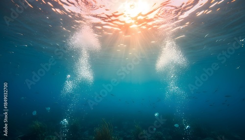 Sunlight filtering through ocean water with bubbles rising to surface from underwater scene