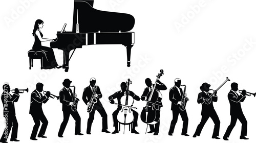 Silhouette set of jazz musicians playing instruments, including piano, saxophone, trumpet, and cello, vector illustration of orchestra band performing isolated on white background.