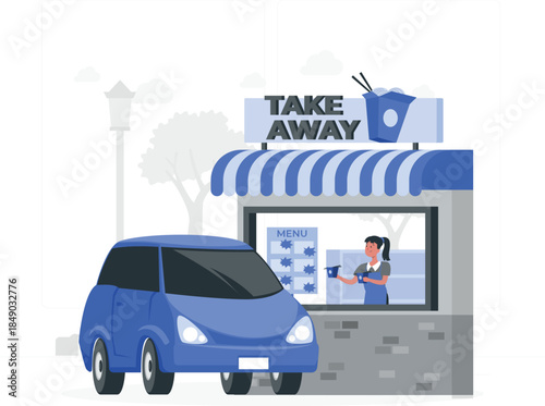 Blue car parked at take away food shop with woman handing over food desi