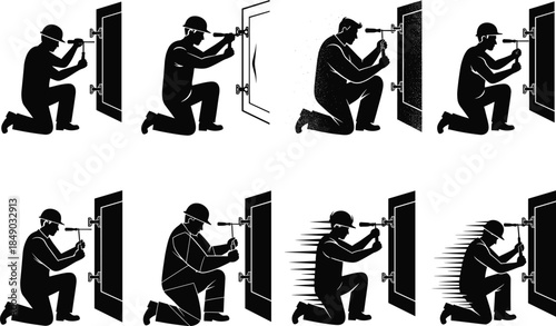 Silhouette set of locksmith worker fixing door lock with screwdriver, maintenance repair concept, handyman profession, vector illustration for security service design, black and white style