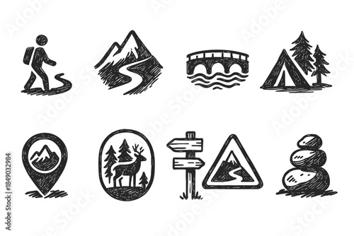 Camping and hiking icon set. Nature, adventure flat icons collection