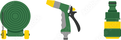 Garden hose and watering tools illustration set with hose reel, spray nozzle, connector, outdoor irrigation flat vector