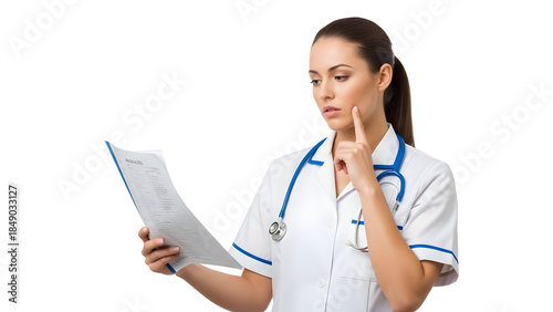 Female Doctor Reviewing Medical Report on Clipboard, Wearing Stethoscope and White Coat