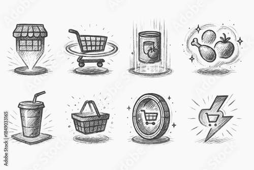 Shopping, e-commerce 3d icon set. Grocery, online store icons 3d collection