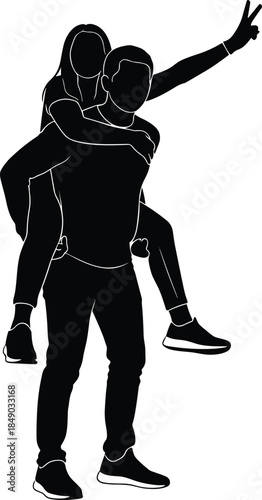Silhouette Vector of a Happy Couple on a Piggyback Ride, Celebrating Fun and Freedom with a Peace Sign Gesture, Representing Friendship, Youthful Romance, and Casual Outdoor Activities