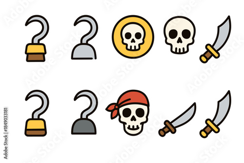 Pirate adventure flat icon set. Hooks, skulls, and cutlasses flat icons collection