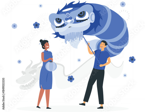 Blue dragon kite with smiling man and woman black hair blue dress